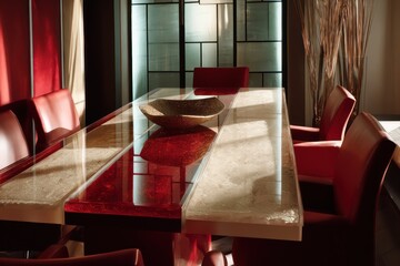 Candy red and light beige contrast room with glass-inlaid table directed rim light casting strong object separation