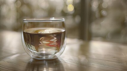 Elegant Glass Cup with Warm Beverage Against a Soft Background
