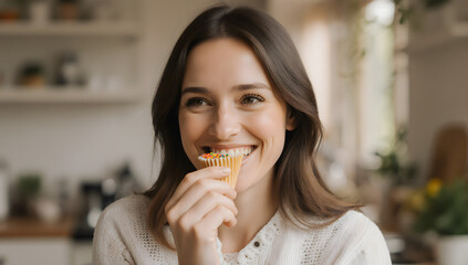 Sweet Bite and Joyful Moment: A radiant woman savoring a cupcake, her face alight with happiness, embodying the simple pleasures of life. 