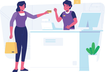 Customer service illustration, woman at reception desk, flat vector
