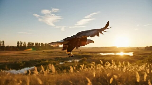 Majestic bald eagle soaring through the golden light of the early morning over a serene wetland landscape