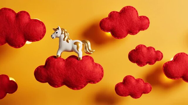 Whimsical Pony on Red Clouds Fantasy Background