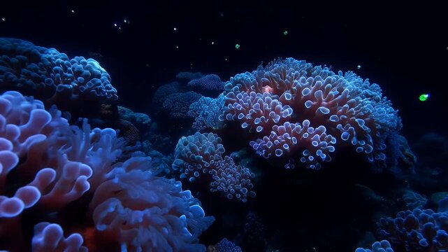 A vibrant, deep-sea landscape features illuminated coral formations against a dark, mysterious backdrop