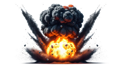 Massive destructive explosion featuring intense bright orange fireball erupting upwards sending dark smoke plumes and debris violently scattering across the frame in a powerful cosmic event depiction