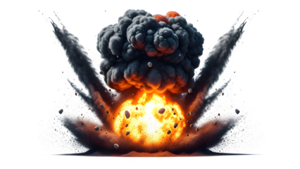 Massive destructive explosion featuring intense bright orange fireball erupting upwards sending dark smoke plumes and debris violently scattering across the frame in a powerful cosmic event depiction