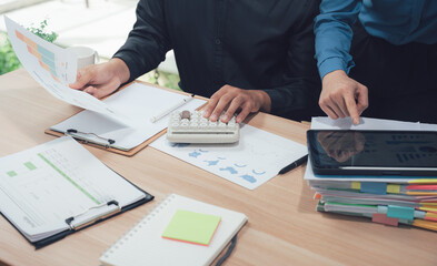 Business Analysis and Calculation: Two professionals diligently review financial data and calculations, demonstrating collaboration and analytical skills. The image evokes a sense of focused work