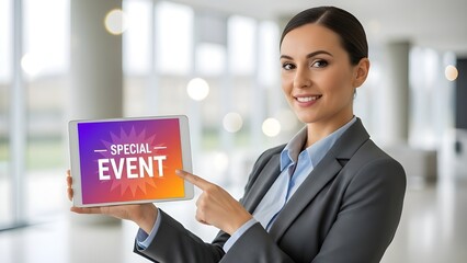 Smiling Professional Woman Pointing at Digital Tablet with 'SPECIAL EVENT' Screen