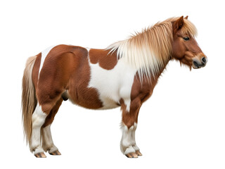 Obraz premium Adorable brown and white pinto pony with a flowing flaxen mane and tail, standing calmly in a profile full-body view, isolated on transparent background.