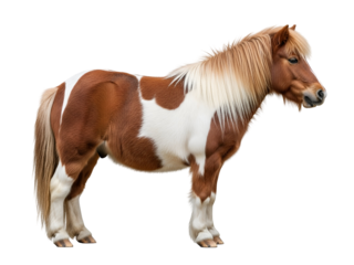 Adorable brown and white pinto pony with a flowing flaxen mane and tail, standing calmly in a profile full-body view, isolated on transparent background.