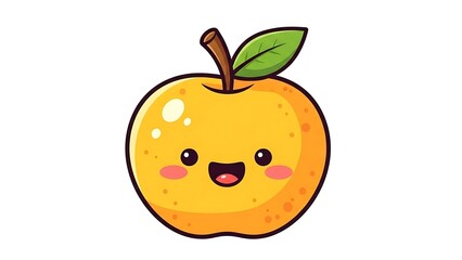 Obraz premium Smiling cartoon peach with green leaf.