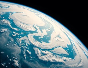 A 3d illustration of the blue planet earth and moon submerged in a global ocean within the dark universe, showing the sphere&rsquo;s atmosphere and continents under shimmering starlight