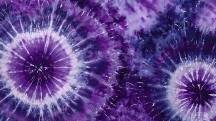 Vibrant purple tie-dye pattern with intricate radial swirls and artistic indigo splashes creating a mesmerizing abstract background texture