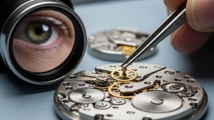 Close up of a person using tweezers to repair a watch mechanism with a magnifying glass with watch repair and clock mechanism and precision work and horology with watchmaking
