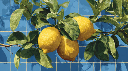 Fresh lemons hanging from a branch, adorned with lush green leaves