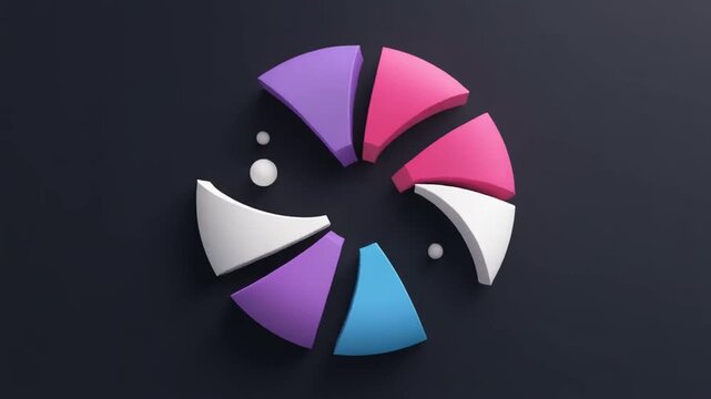 A 3D circular design, made of segmented curved shapes, in pink, purple, white, and blue hues