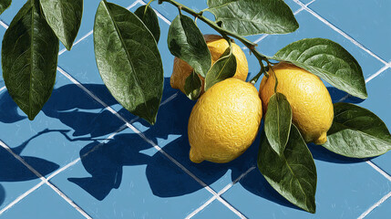 Fresh lemons on a branch with green leaves. The lemons are a vibrant yellow color and contrast against a blue background