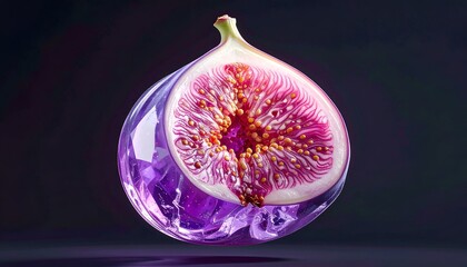 A sliced fig encapsulated in translucent purple crystal, dark background