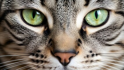 Extreme close-up portrait of a tabby cat showing vivid green eyes, detailed fur texture, whiskers, and nose. High-resolution realistic animal photography highlighting feline expression, symmetry, and 