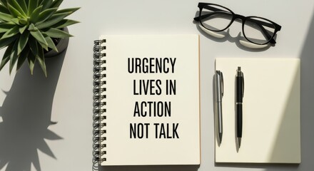 Notebook with 'Urgency Lives in Action Not Talk' quote on a desk, promoting motivation and productivity