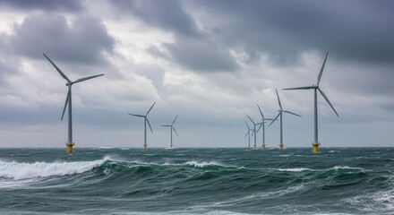 Offshore wind turbines generating clean energy in rough ocean conditions under dramatic cloudy skies