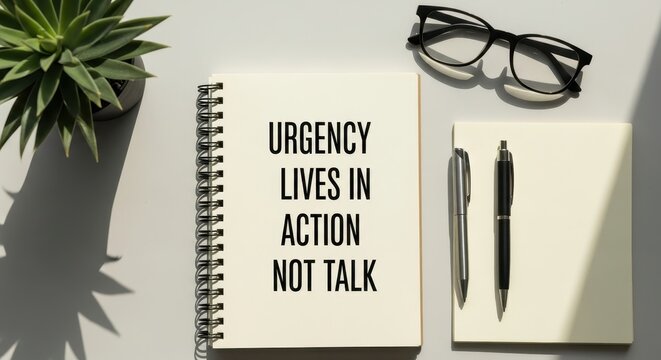 Notebook with 'Urgency Lives in Action Not Talk' quote on a desk, promoting motivation and productivity - Powered by Adobe
