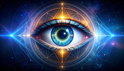 Mystical eye surrounded by geometric shapes and cosmic background