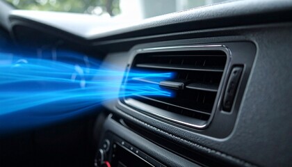 Naklejka premium Close-up of car vent with stylized blue air blowing outward, partially obscured