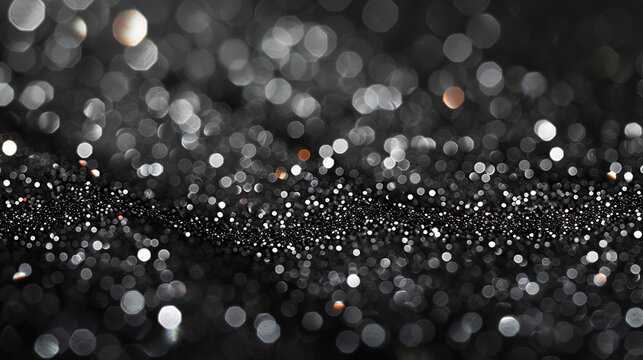 Shiny Black Sequins on Black Background with Tiny Round White Lights and Silver Beads, Top View Glitter Texture, Elegant Decoration and Fashion Design Pattern Element