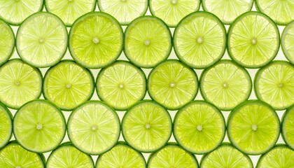 Translucent green lime slices arranged in a grid pattern against white