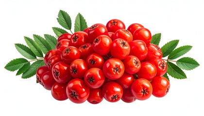 A cluster of vibrant red berries with green leaves on a white background