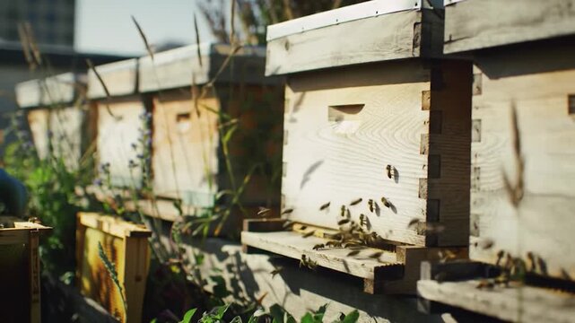 Beekeeper tending to a row of beehives with bees flying around.