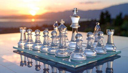 Transparent chess pieces on glass board, sunlit landscape background