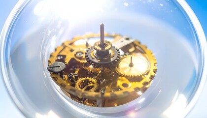 Close-up of clockwork gears inside a transparent glass orb