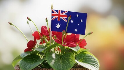 Australian Flag in Flowering Plant, Patriotic Celebration, Australia Day