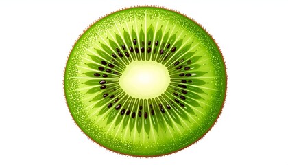 A sliced kiwi fruit, showing its green flesh, seeds, and fuzzy outer skin
