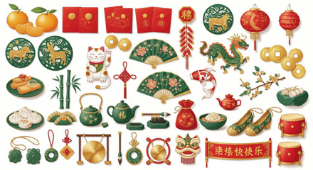 Festive Chinese New Year Decorations and Symbols in a Colorful Arrangement.