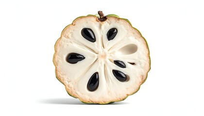 Cross-section of a green, textured fruit with black seeds, white pulp