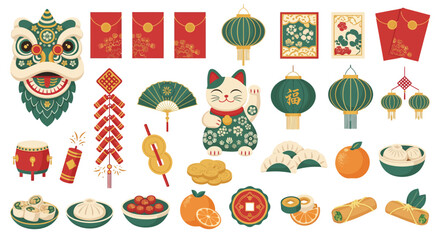 Naklejka premium Festive Chinese New Year Decorations and Traditional Food Collection.