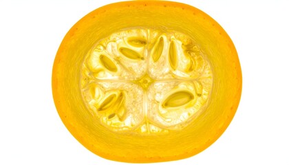 Cross-section of a translucent citrus fruit, showing seeds and flesh