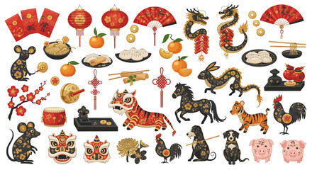 Fototapeta premium Festive Chinese New Year Decorations and Zodiac Animals in a Colorful Illustration.
