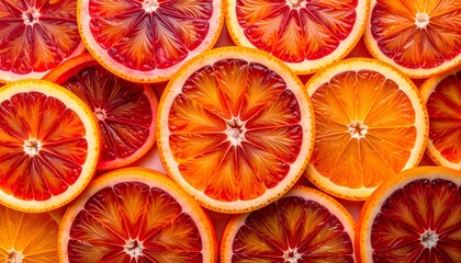 Close-up of vibrant blood orange slices, cut and arranged