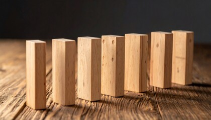 Seven light-brown wooden blocks, lined up on a textured wooden table, against a dark backdrop