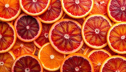 Overhead view of sliced citrus fruit, vibrant reds and oranges