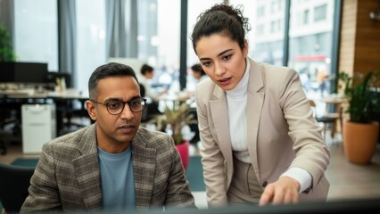 Focused business professionals collaborating at a computer in a modern office, as a colleague points out important details on the screen to guide analysis, decision making, and strategic work

