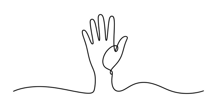 Continuous line art drawing of a raised human hand making a high-five gesture