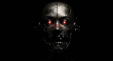 Intense stare of a weathered metal android head with eerie red illuminated eyes against the darkness