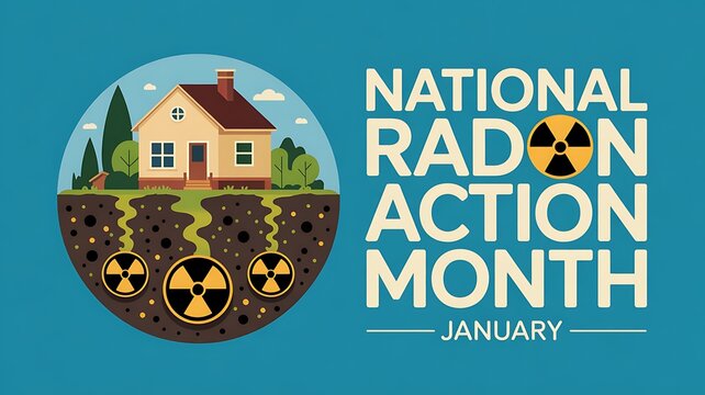 An illustration depicts national radon action month with a house trees underground layers and hazard symbols in january high quality professional