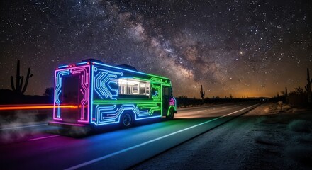 Neon-Enhanced Food Truck Journeying Through the Starry Desertscape Underneath a Majestic Milky Way