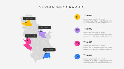 Serbia map infographic template with 4 options. Serbia administrative map infographic for presentation.