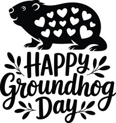 Happy Groundhog Day Cute Groundhog with Hearts Typography Vector